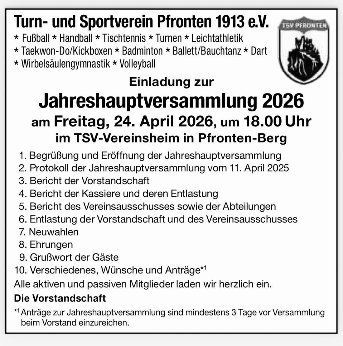 Tagesordnung Jahreshauptversammlung TSV Pfronten 2026